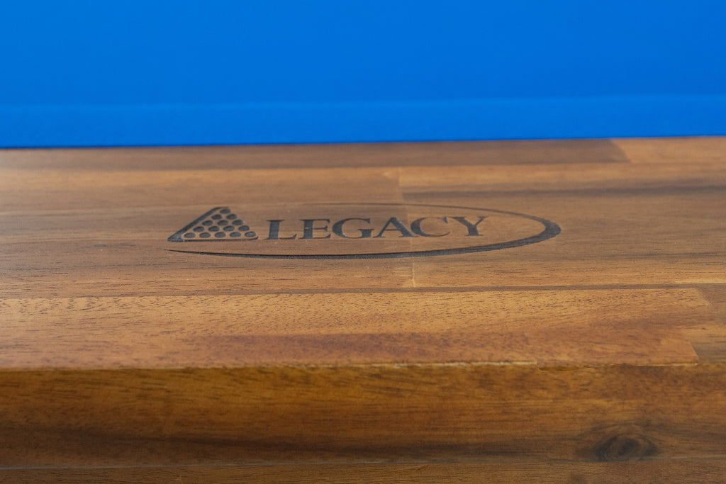 Legacy Billiards Barren Outdoor pool table – Barren OD BT NA Logo Rail Closeup