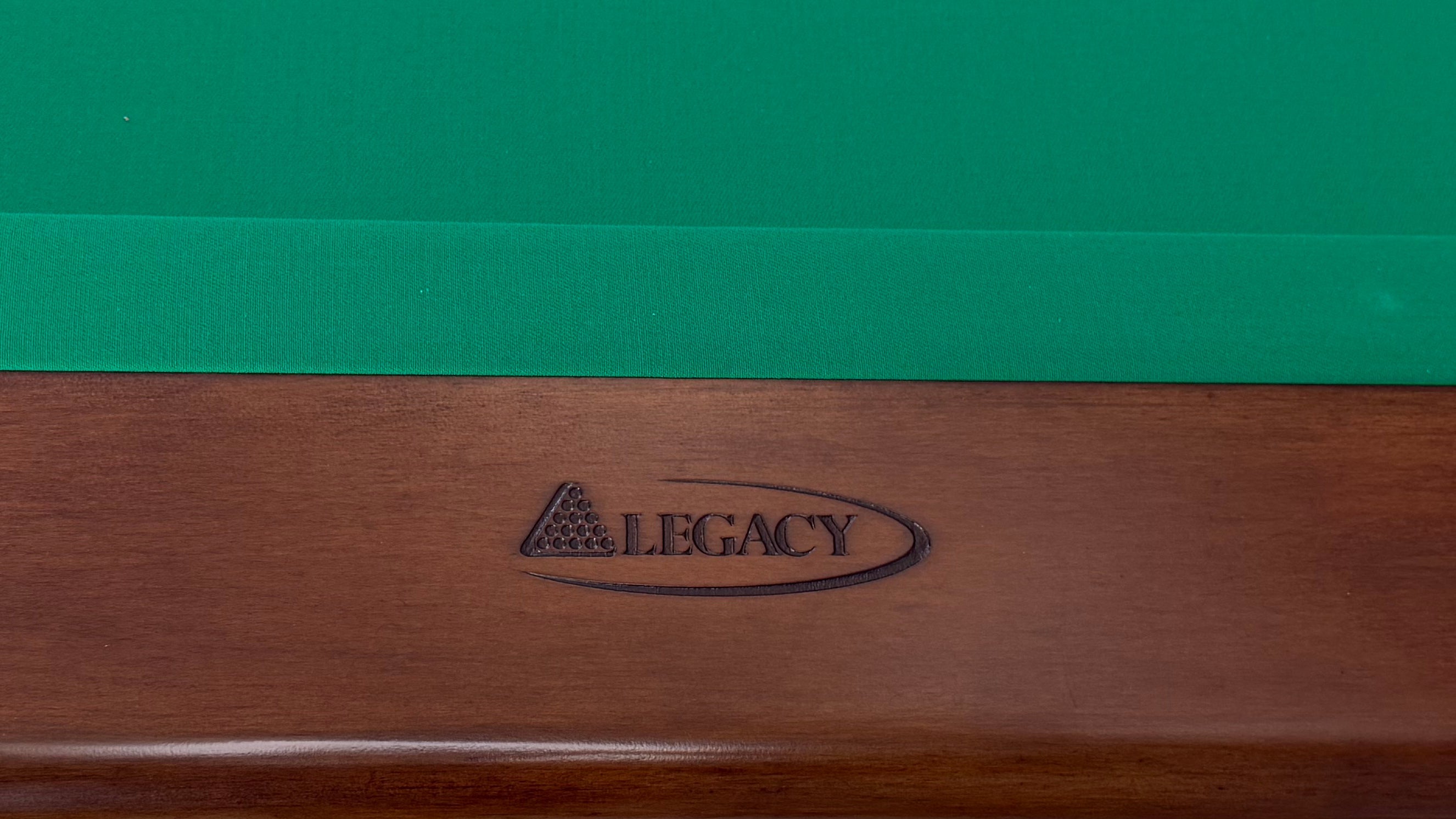 Legacy Billiards Caney pool table – Caney BT NM Logo Rail Closeup