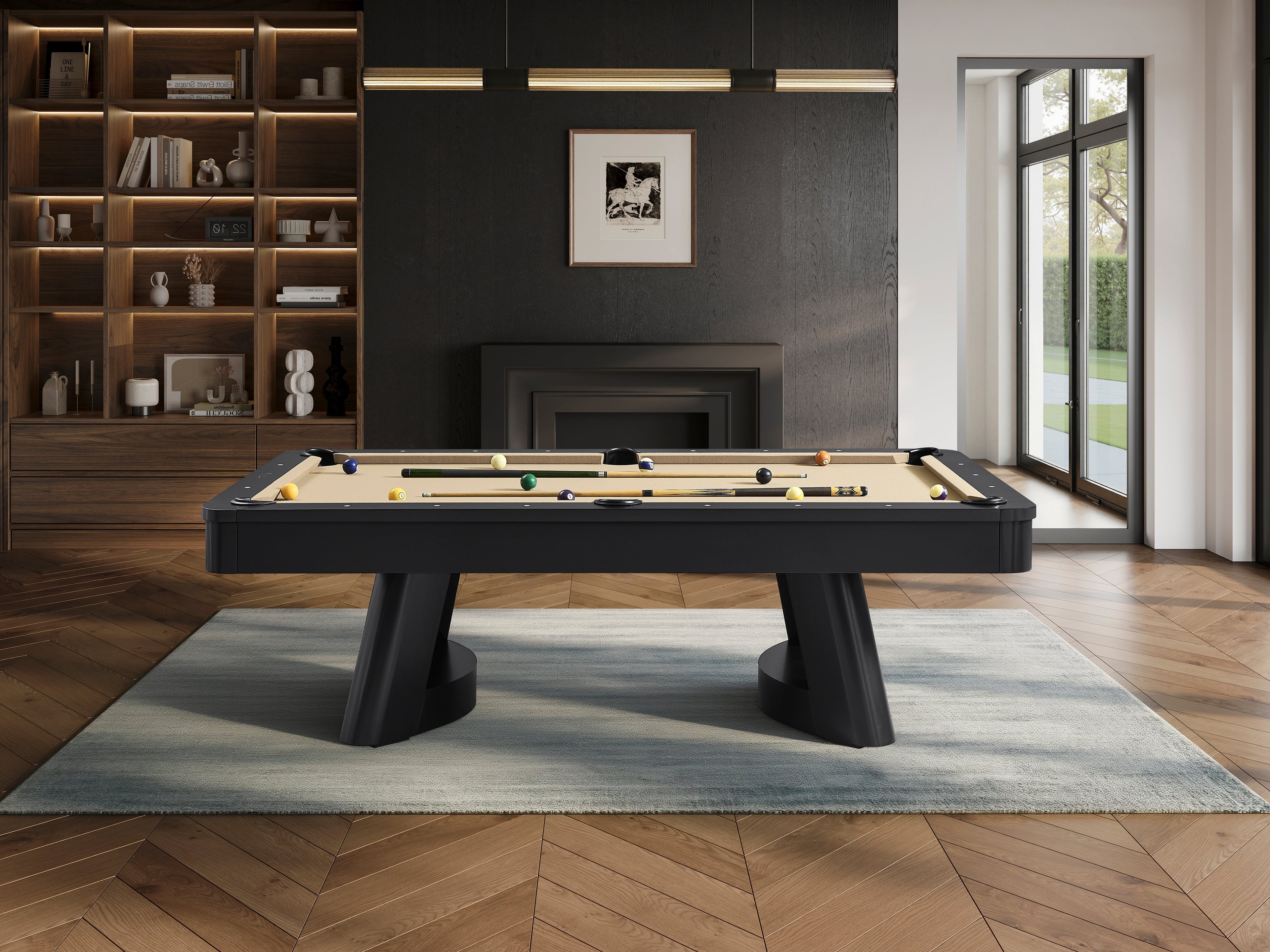 Legacy Billiards Dunbar pool table – Dunbar BT RV Room Shot Side View with Pool Balls