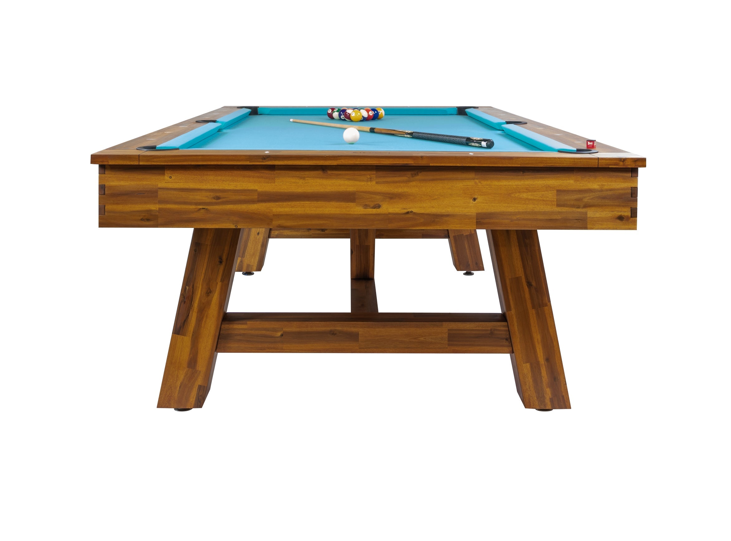 Legacy Billiards Emory Outdoor pool table – Emory OD BT NA End View Racked Pool Balls Cue
