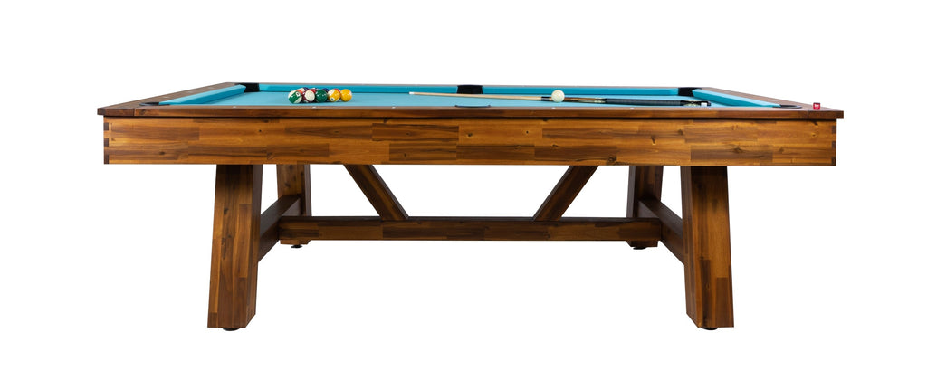 Legacy Billiards Emory Outdoor pool table – Emory OD BT NA Side View Racked Pool Balls Cue