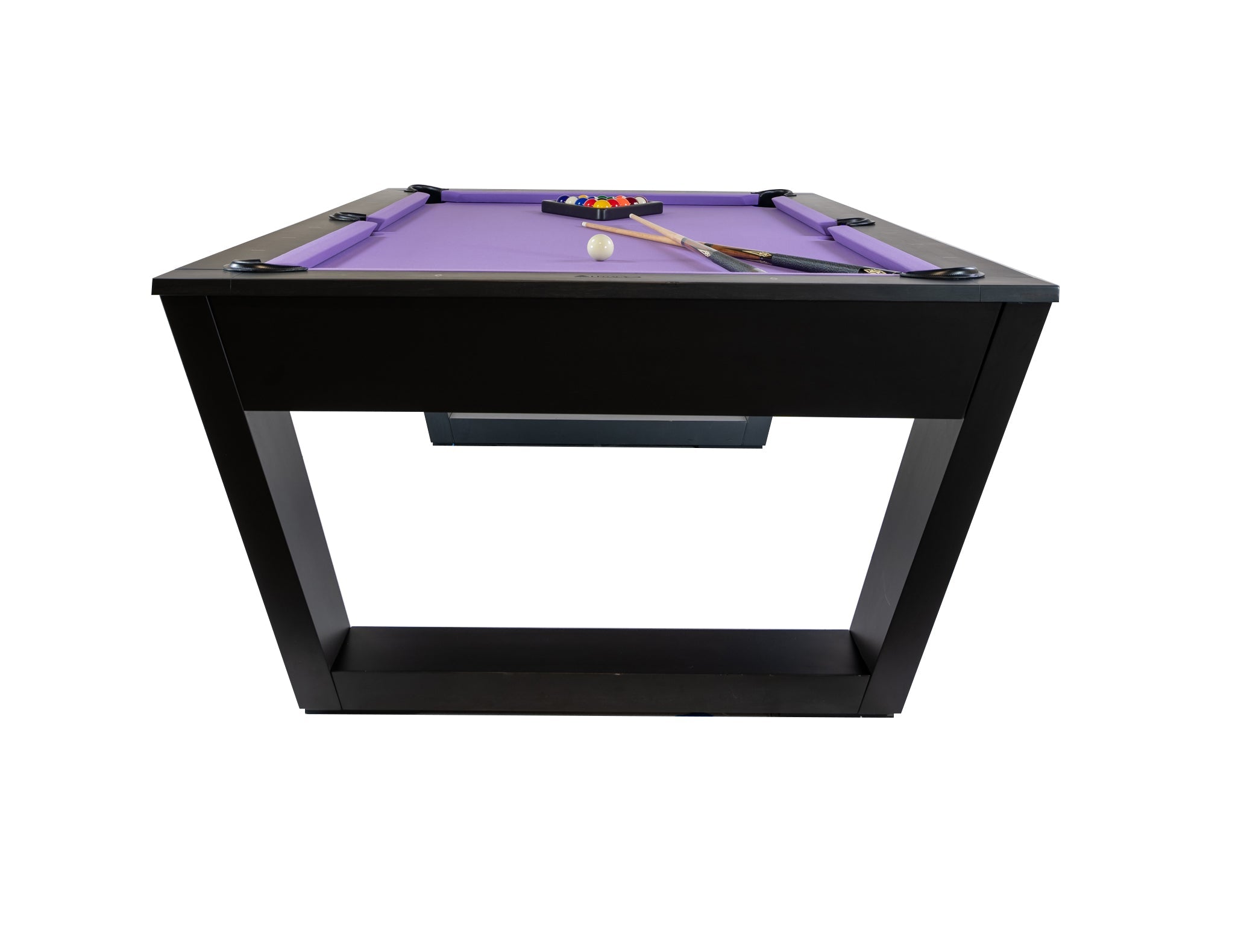 Legacy Billiards Tellico pool table – Tellico BT End View With Racked Pool Balls and Cues